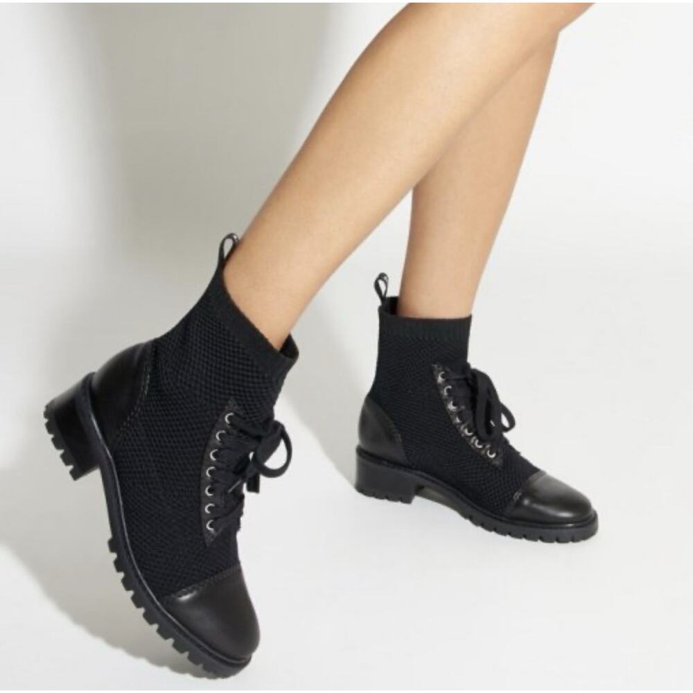 Schutz Aimee Black Leather Knit Combat Boots Lace Up Lug Sole Size 37 US 7 - Picture 2 of 7